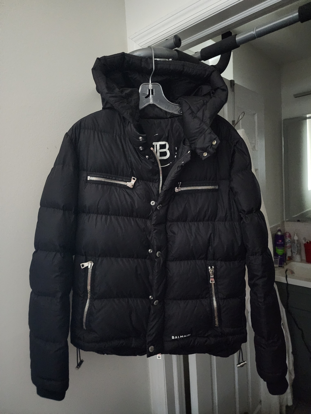 Balmain Black Quilted Hooded Puffer Jacket with Silver Hardware
